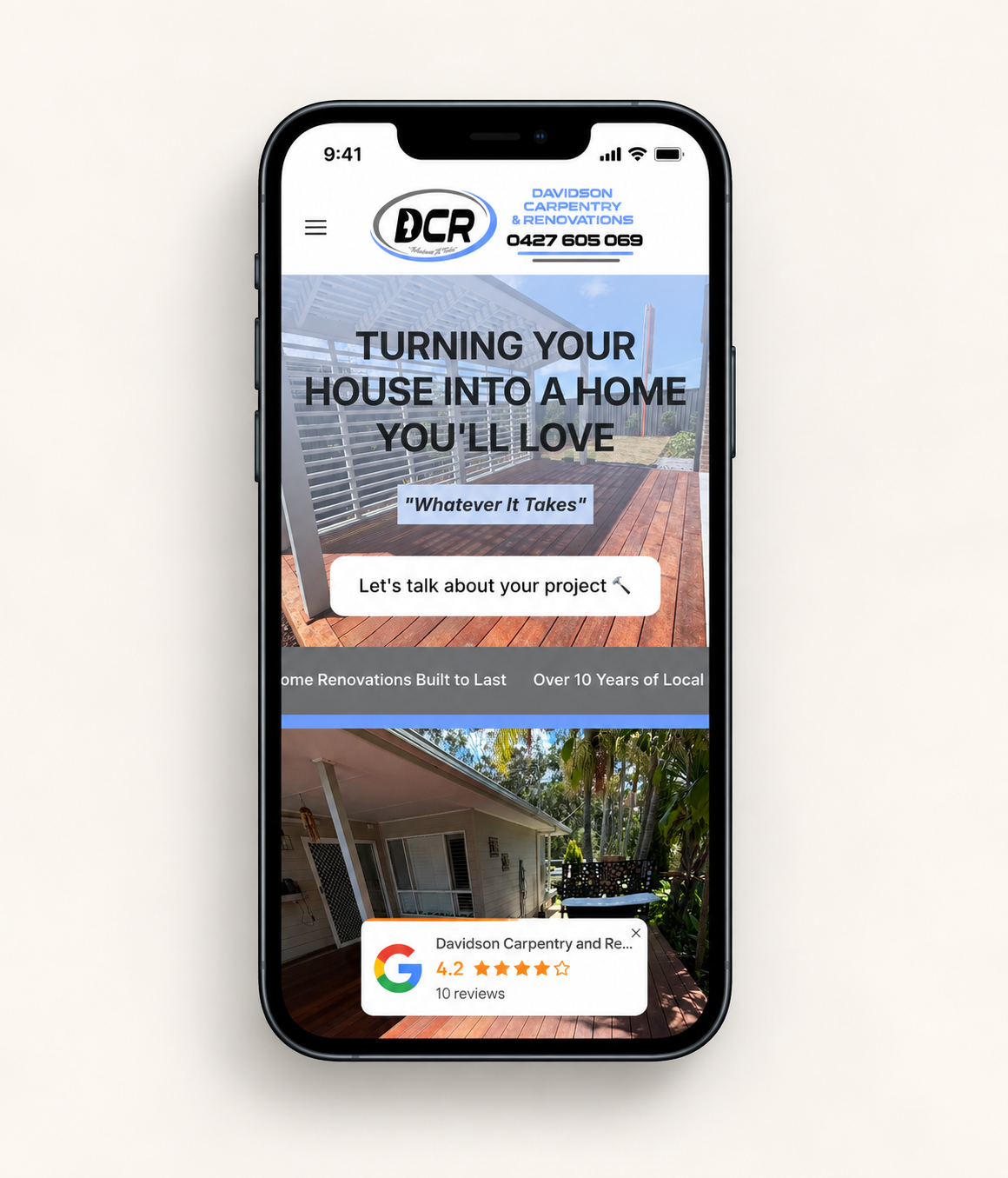 A black smartphone mockup centered on a light beige background, displaying a website homepage for DCR / Davidson Carpentry and Remodeling on its screen.