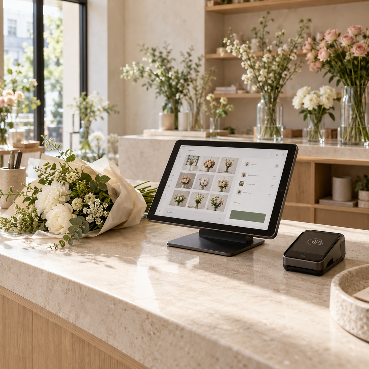 A countertop POS system with a black touchscreen terminal and a matching black receipt printer in a bright flower shop setting with flowers and shelves in the background.