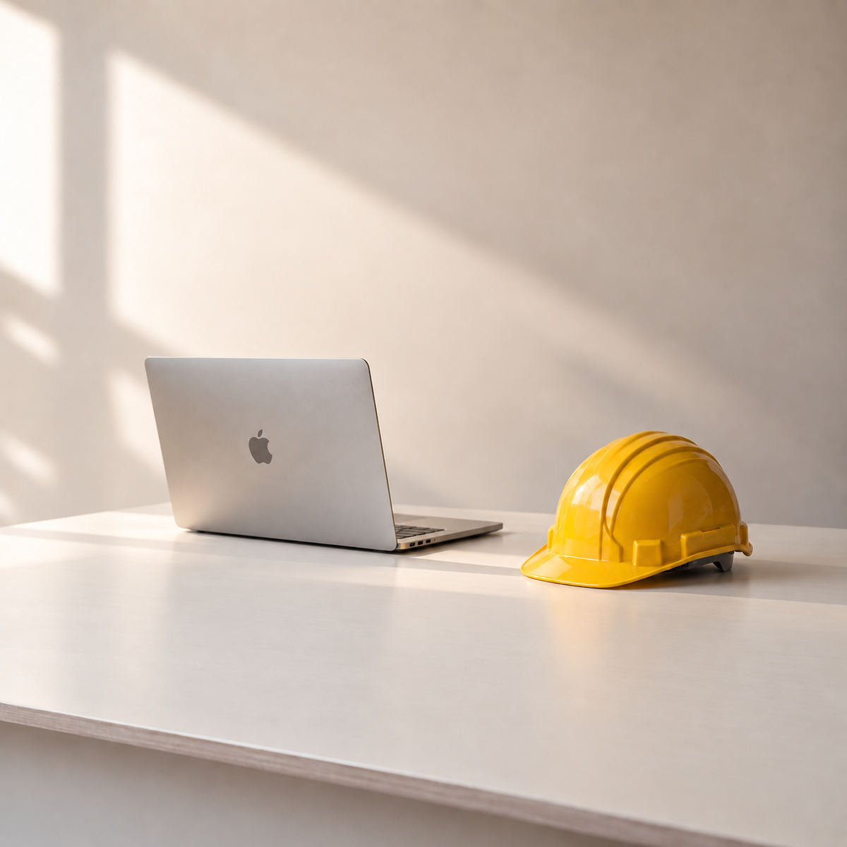 A yellow construction hard hat sits on a white desk next to an open silver laptop, with warm sunlight casting shadows on a light beige wall.