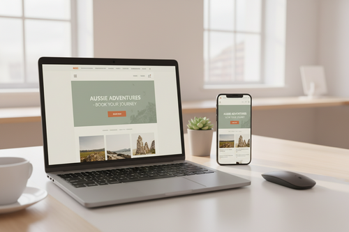 Laptop and smartphone displaying a website on a desk with a cup and plant.