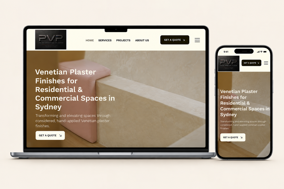 A laptop and smartphone mockup displaying a website for PVP, which specializes in Victorian plaster finishes for residential and commercial spaces in Sydney.