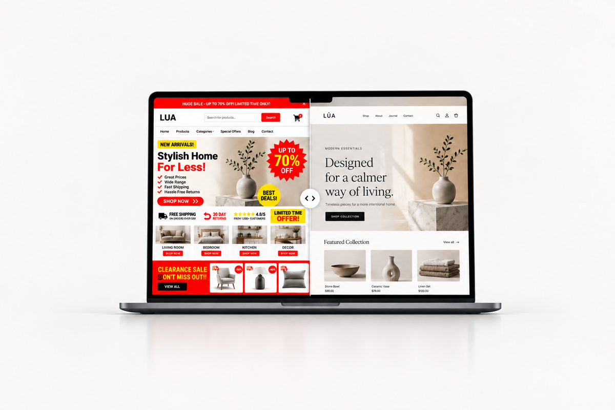 A silver laptop centered on a clean white background, displaying a website homepage on its screen. The webpage features a minimalist interior design theme with beige, white, and red elements.